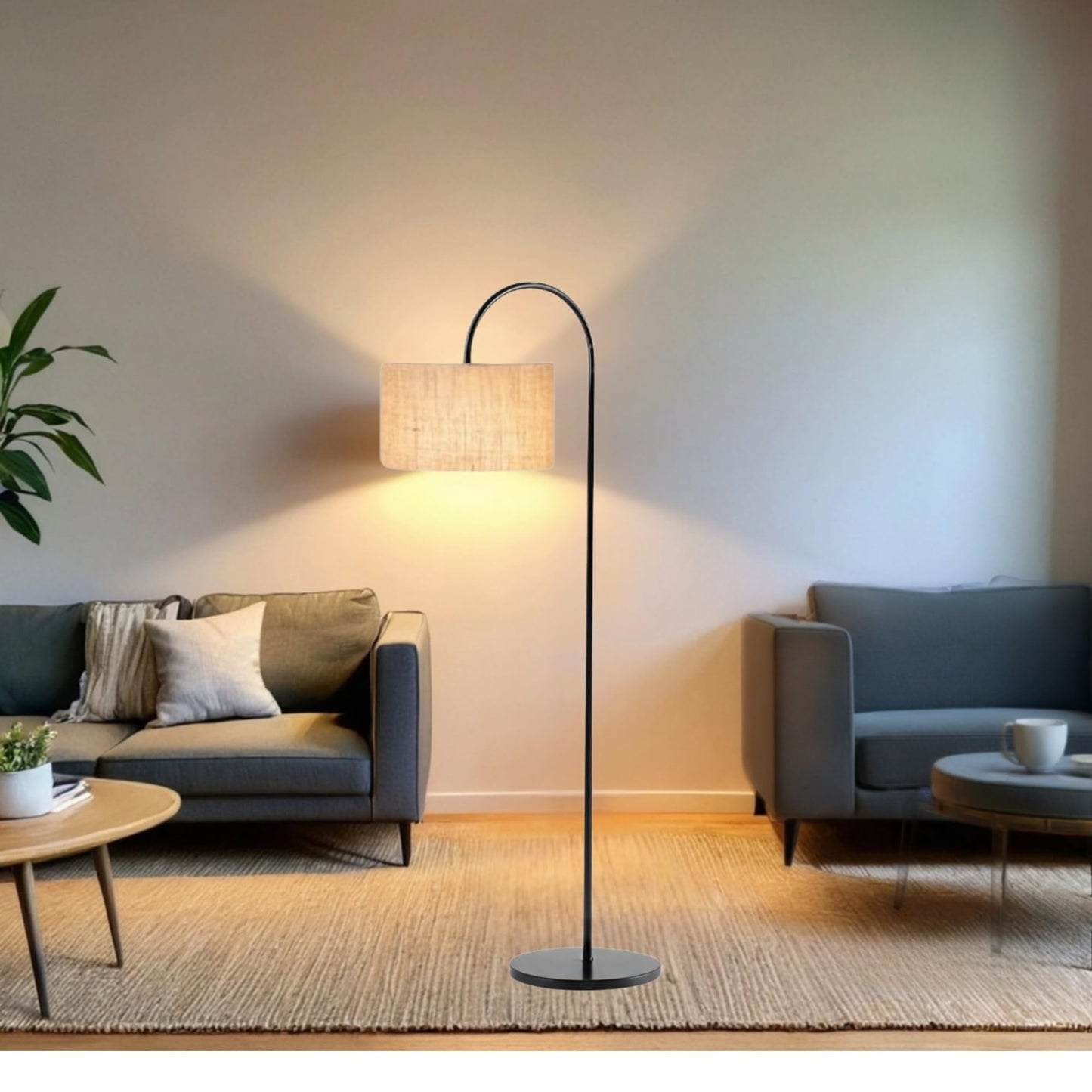 Floor Lamp with Handwoven Jute Shade, Black Metal Frame, 150 cm Height, LED Compatible
