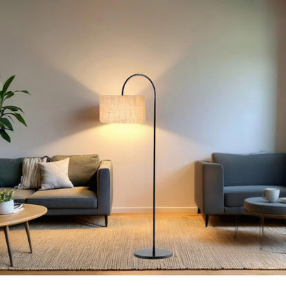 Floor Lamp with Handwoven Jute Shade, Black Metal Frame, 150 cm Height, LED Compatible