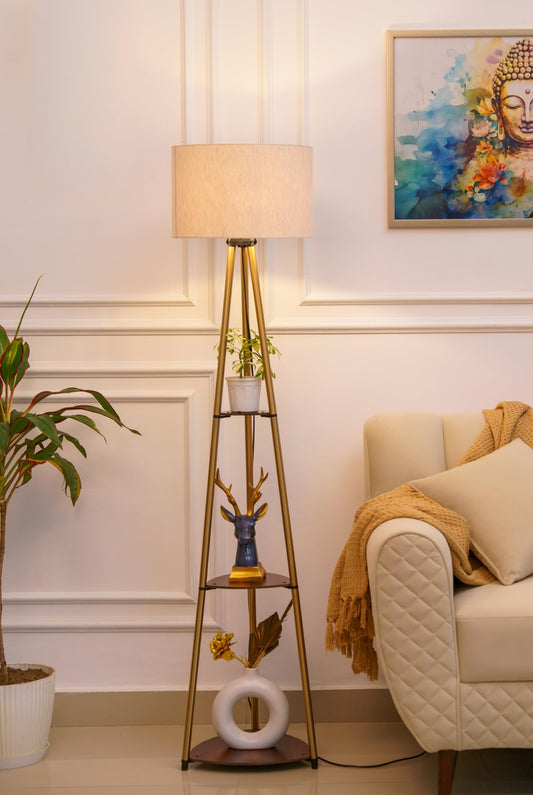 Floor Lamp with Three Shelves, Brass Antique Finish, 5Ft Height, Off White Drum Shade, LED Bulb Included