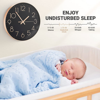 12 Inch Silent Analog Wall Clock in Black and Rose Gold - Modern Plastic Design