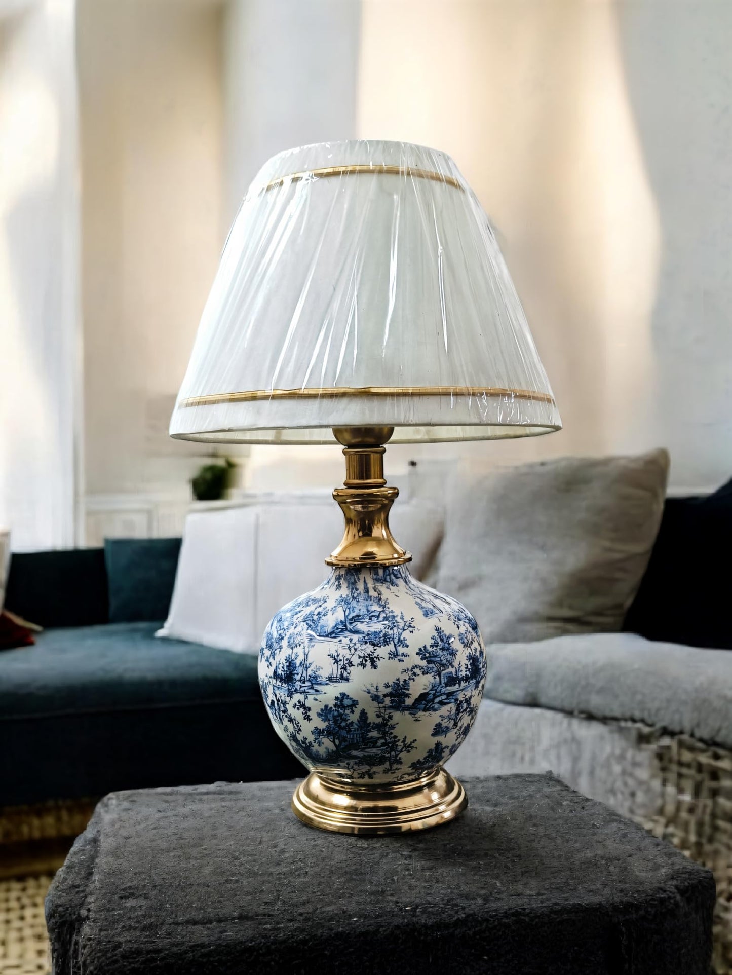 LED Table Lamp with Antique Gold Finish and Fabric Shade - 46 x 25 cm