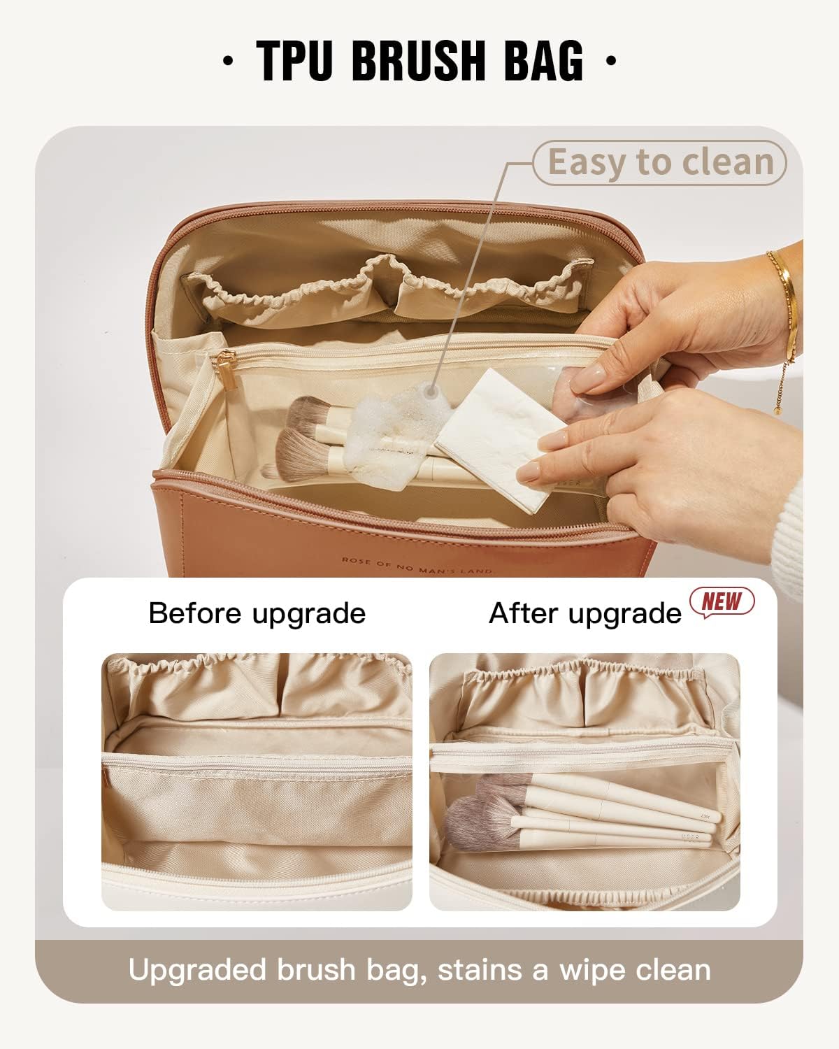 Large Brown Travel Makeup Bag - Waterproof, Portable, Organizer