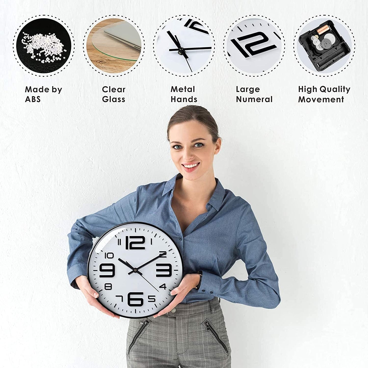Silent Quartz Wall Clock 12 Inch Round White and Black Plastic