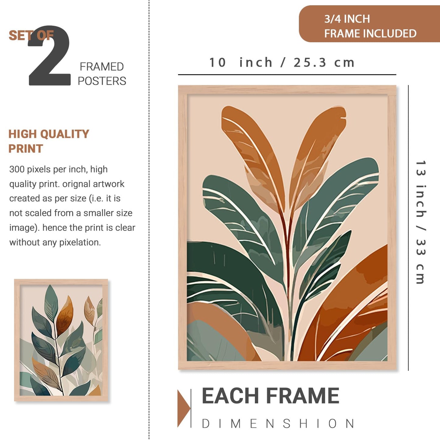Wall Painting - Nature Inspired Leaf Design - Engineered Wood Frame - 10 inch x 13 inch - Set of 4