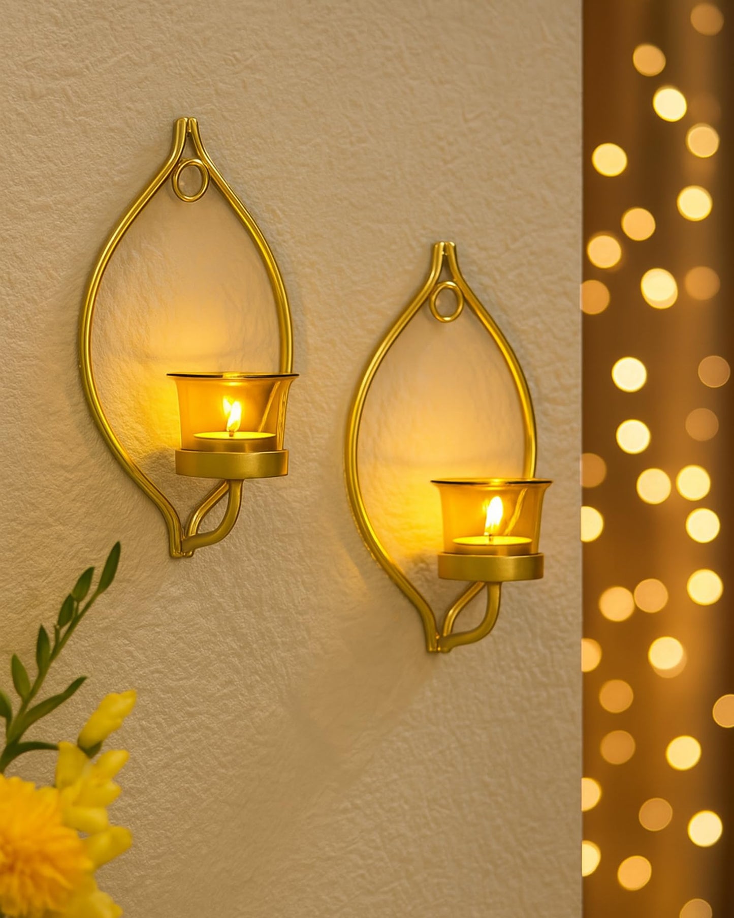 Wall Candle Sconce Set of 2 Modern Iron Holders Black with Glass 30cm