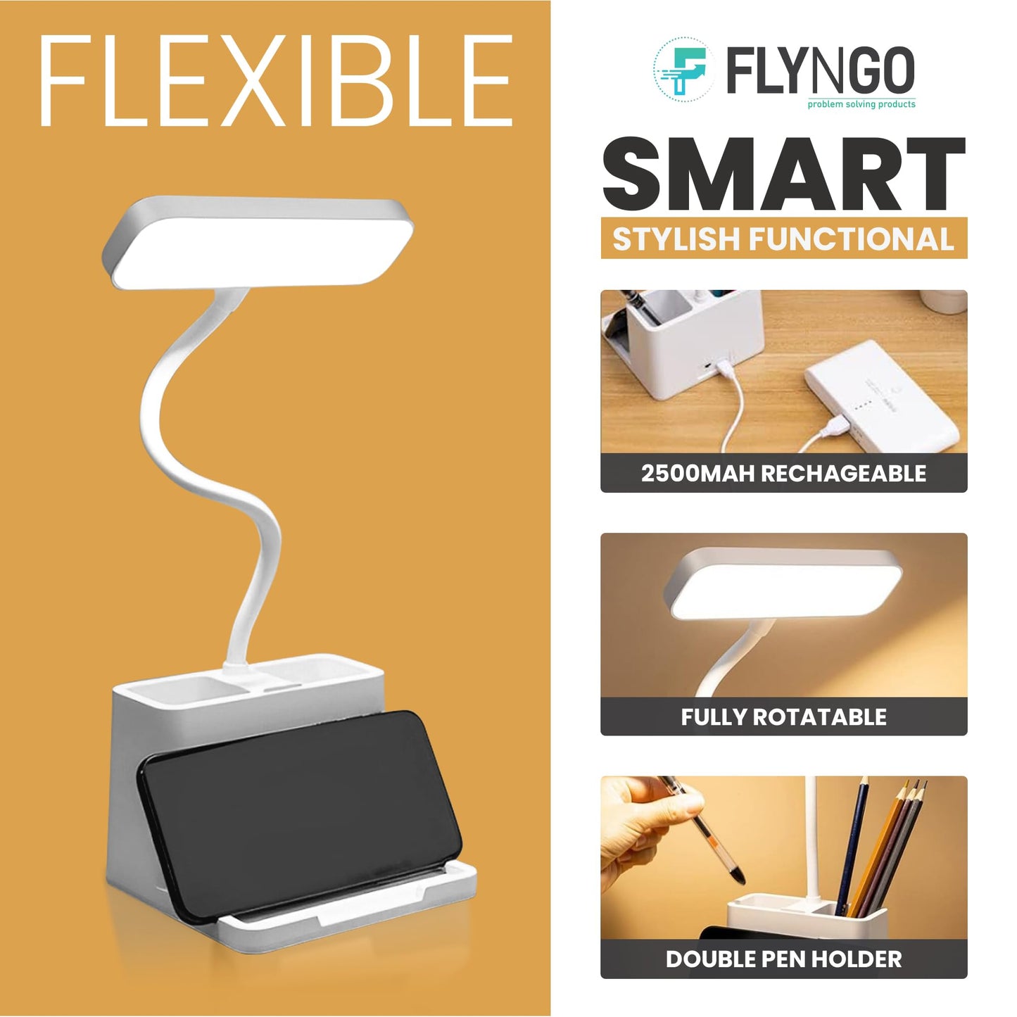 LED Study Table Lamp with 3 Color Modes, Plastic, White, Rechargeable, Adjustable Neck
