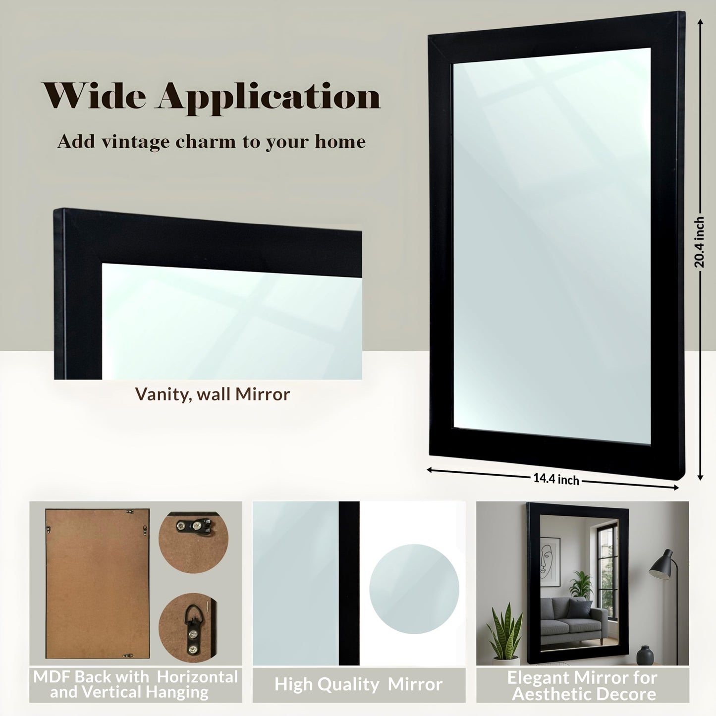 Rectangular Wall Mirror with Synthetic Wooden Frame, Black Finish, Inner Size 12x18 in, Outer Size 15x21 in