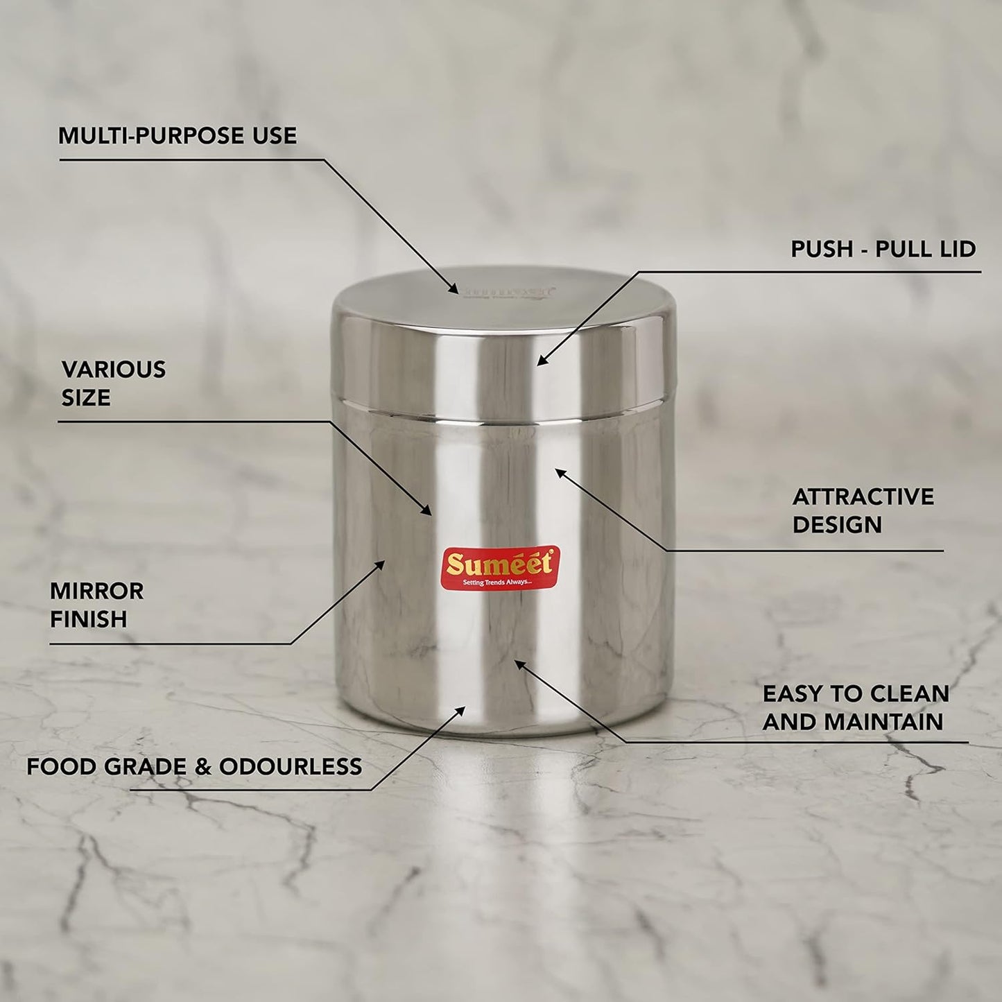 Sumeet Stainless Steel Small Canisters/Jars/Ubha Dabba/Storage Containers set of 6Pcs, 750 ML Capacity Each