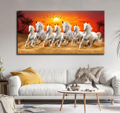 Canvas Wall Painting Seven Running Horses at Sunrise with Wooden Frame 48x24 inches