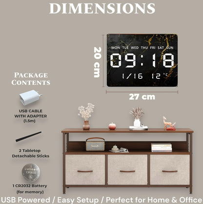 Digital Wall Clock with LED Display, 27x20cm, Black & Gold, USB Powered