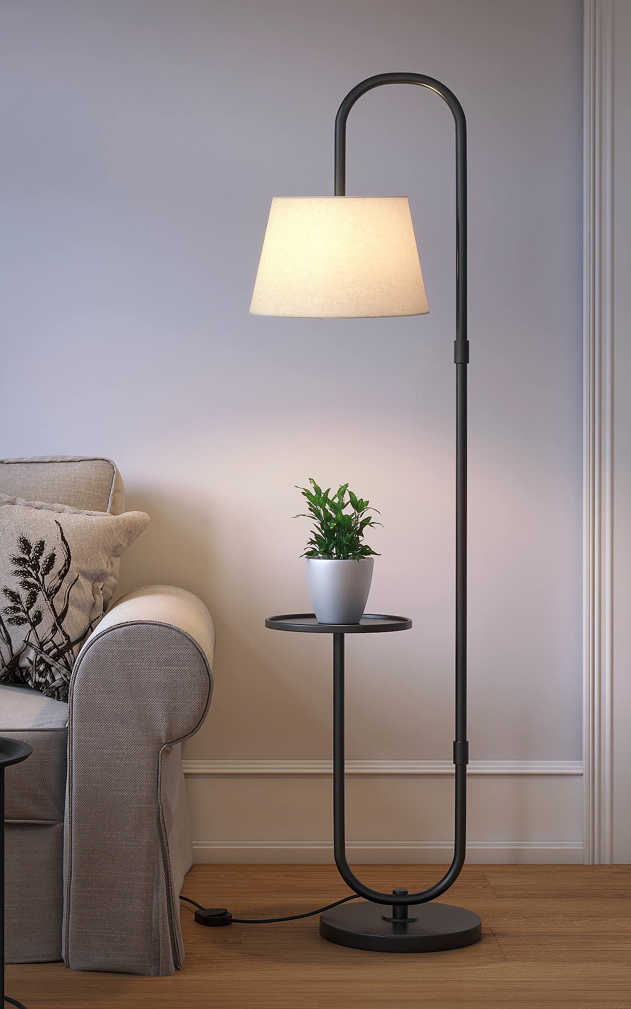 Modern Floor Lamp with Shelf Black Polished 5ft Height 10 Inch Diameter LED Bulb Included