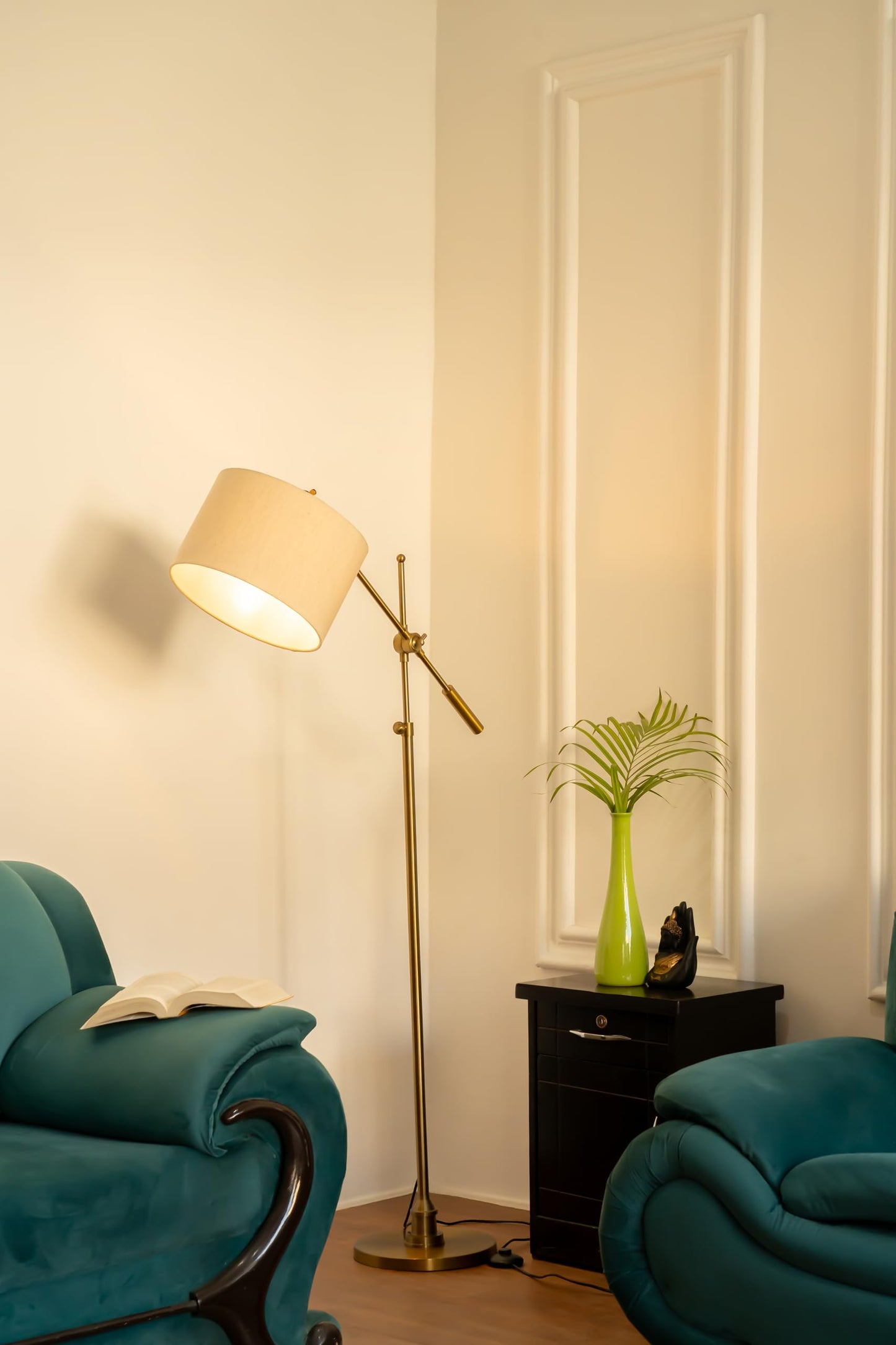 LED Floor Lamp with Adjustable Height and Rotatable Arm, Antique Brass Finish
