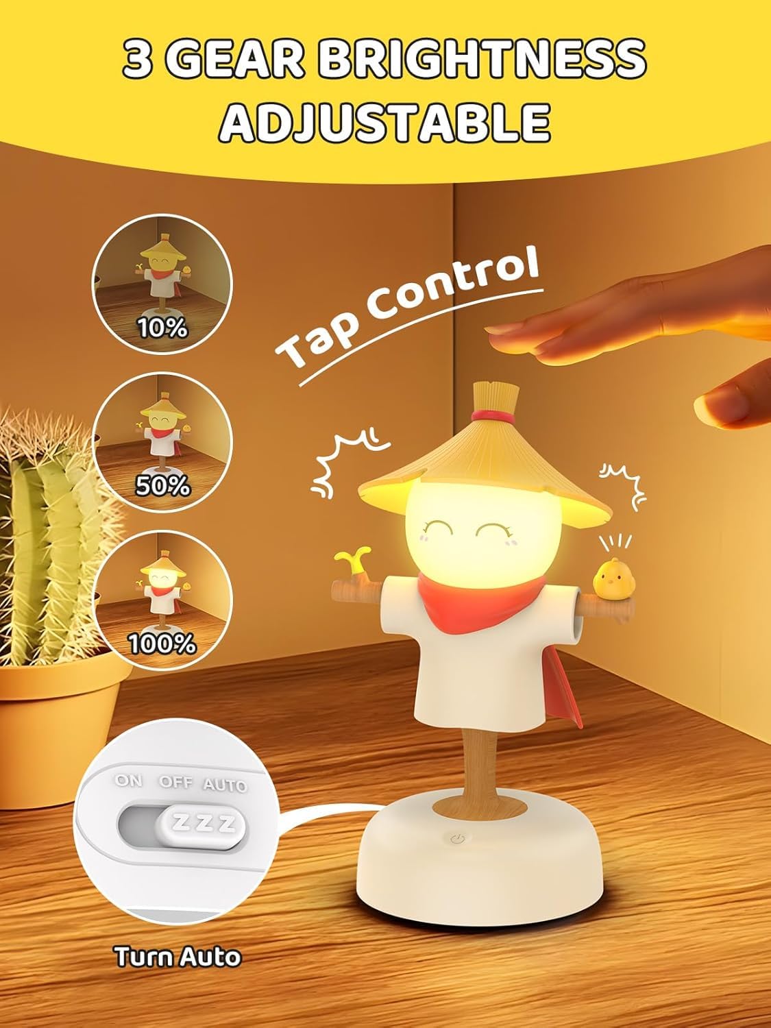 LED Touch Control Night Light Scarecrow Design White Adjustable Brightness 15 Min Auto-Off 40 Hours Battery