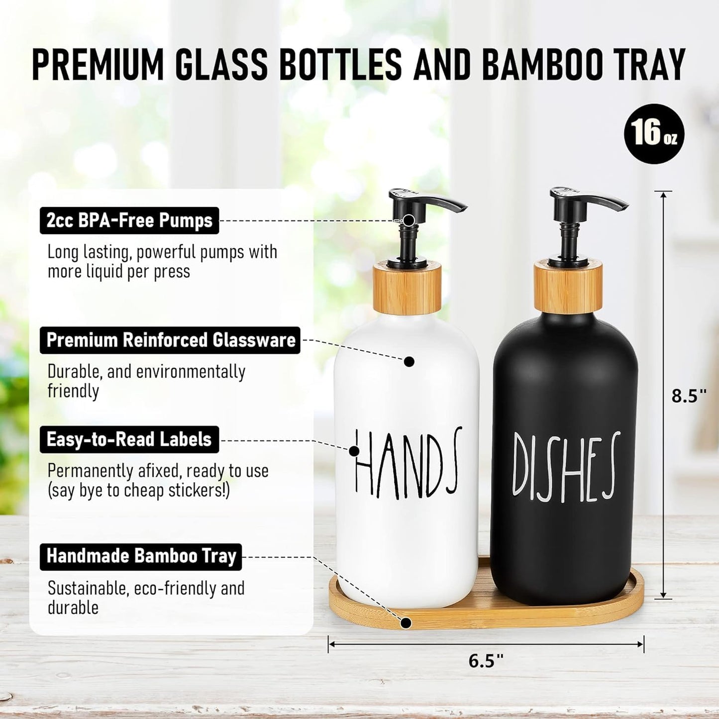 Soap Dispenser Set with Bamboo Tray - Glass, 17 Ounces - Hand Wash & Dish Wash Dispenser
