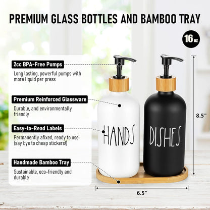 Soap Dispenser Set with Bamboo Tray - Glass, 17 Ounces - Hand Wash & Dish Wash Dispenser