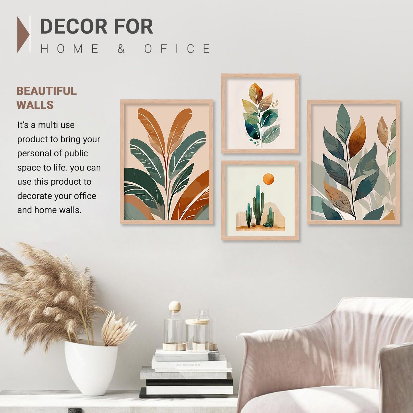 Wall Painting - Nature Inspired Leaf Design - Engineered Wood Frame - 10 inch x 13 inch - Set of 4