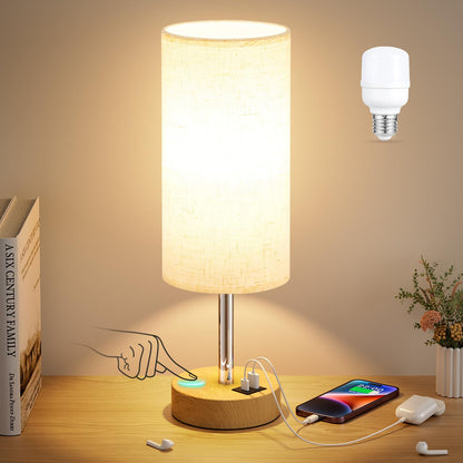 3-Way Dimmable Touch Control Wood Table Lamp with USB Charging Station - 6W LED Bulb Included