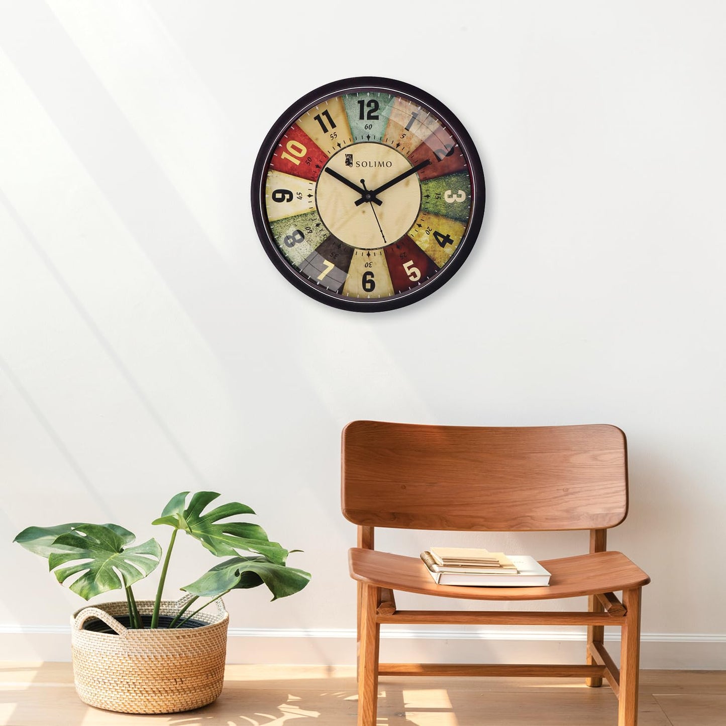 Wall Clock with Silent Movement, 12 Inch Diameter, Black Plastic Frame with Glass Face