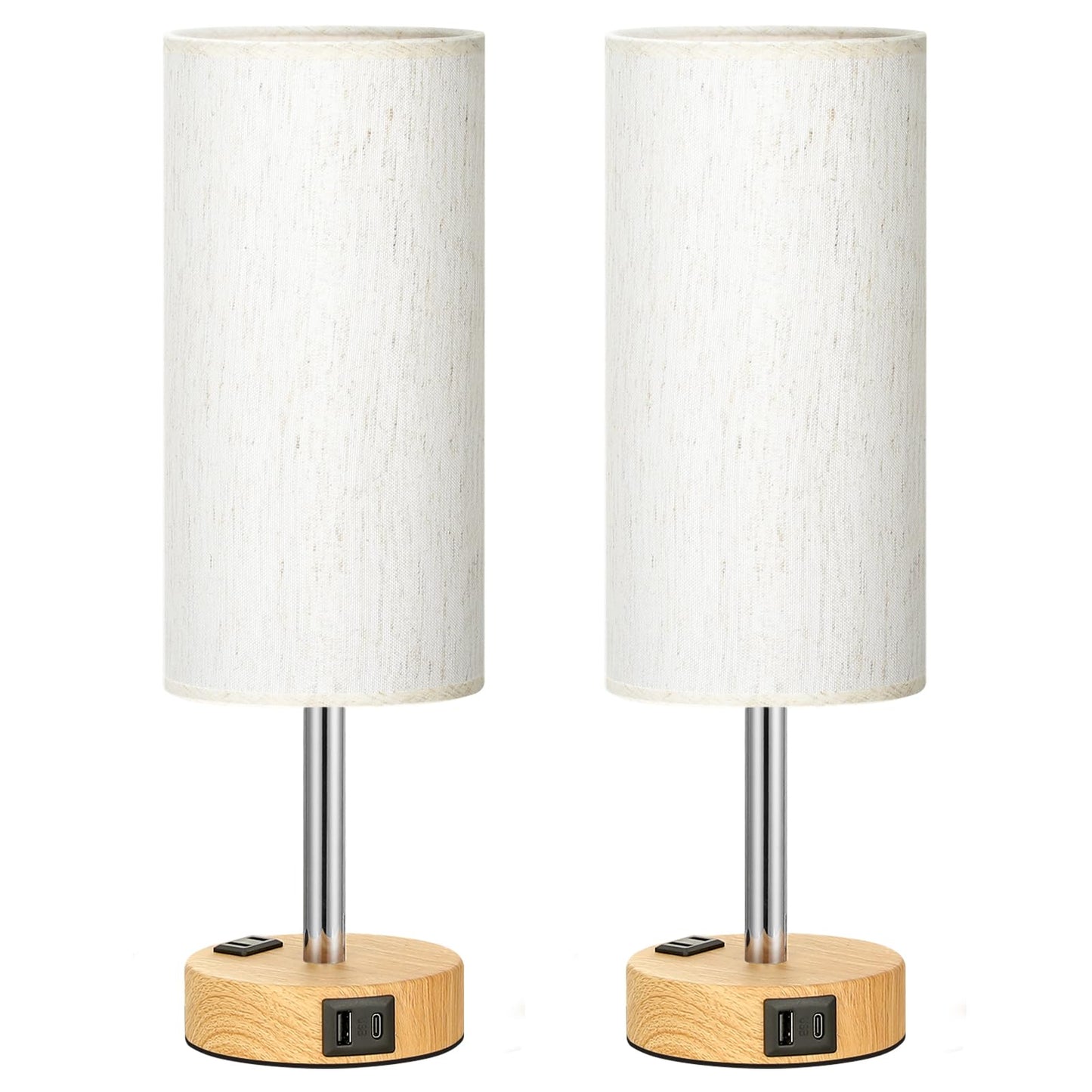 Table Lamp with Touch Control & USB Ports, Wood Base, Flaxen Fabric Shade, LED Bulb Included