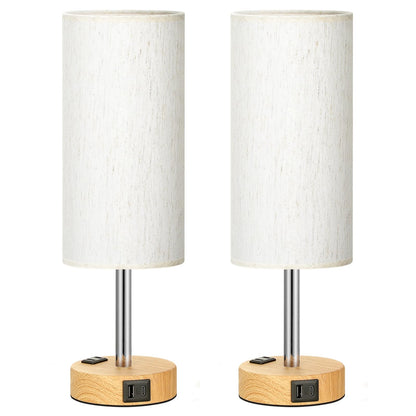 Table Lamp with Touch Control & USB Ports, Wood Base, Flaxen Fabric Shade, LED Bulb Included
