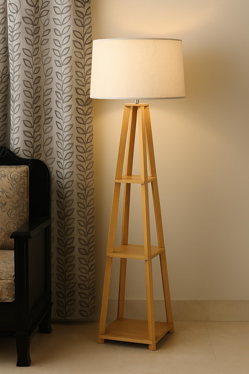 Floor Lamp with Wooden Tripod Design, Natural Wood Color, 140 cm Height, Fabric Shade