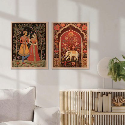 Framed Madhubani Art Painting Set of 2 - Traditional Rajasthani Style - 10 inch x 13 inch - Engineered Wood Frame