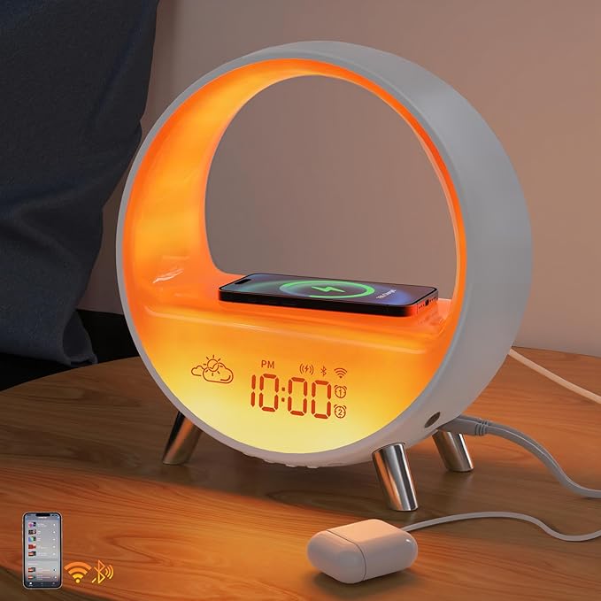 Sunrise Alarm Clock with Wireless Charging & Bluetooth Speaker, Compatible with Airpods/iPhone, Smart APP Control, Sound Machine, Night Light Bedrooms, Alarm Clocks for Heavy Sleepers Adults