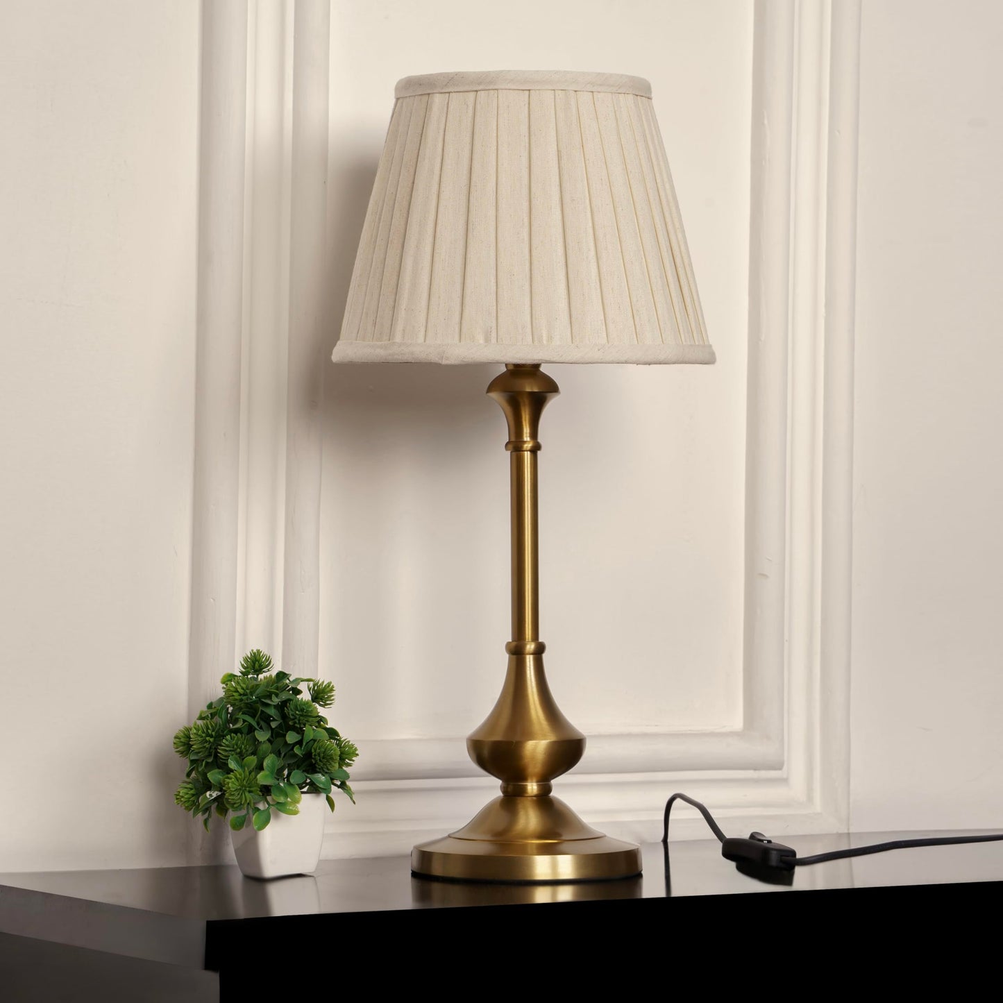 Table Lamp Antique Brass Gold Finish 10 Inch Off White Lampshade LED