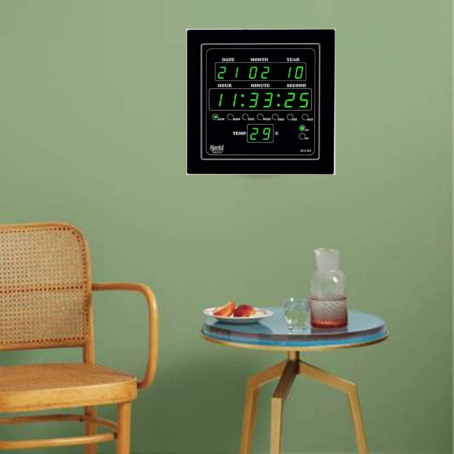 Digital LED Square Wall Clock - Green - 25.4 cm - Plastic - Battery Powered