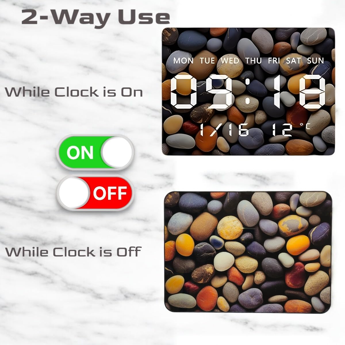 Digital Wall Clock with LED Display, USB Powered, 27x20cm, Pebble Color