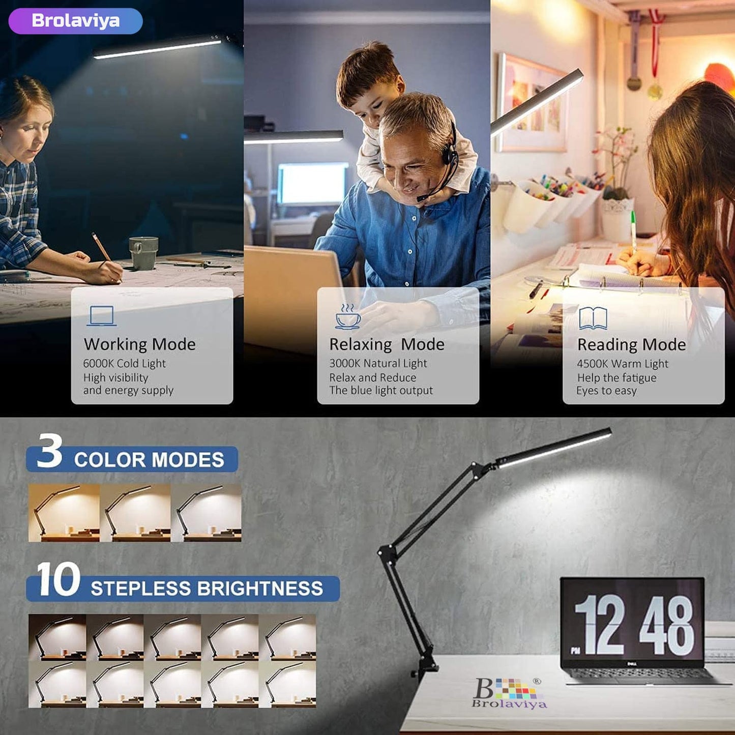 LED Desk Lamp with Metal Arm Stand, 32cm, 3 Lighting Modes, 360 Degree Spin, Adjustable Brightness