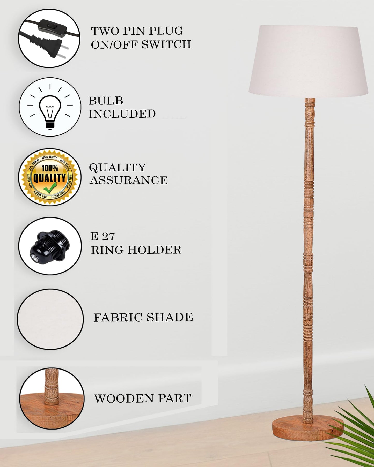 LED Floor Lamp Modern Mid Century Wooden Base White Fabric Shade 140x33x18cm