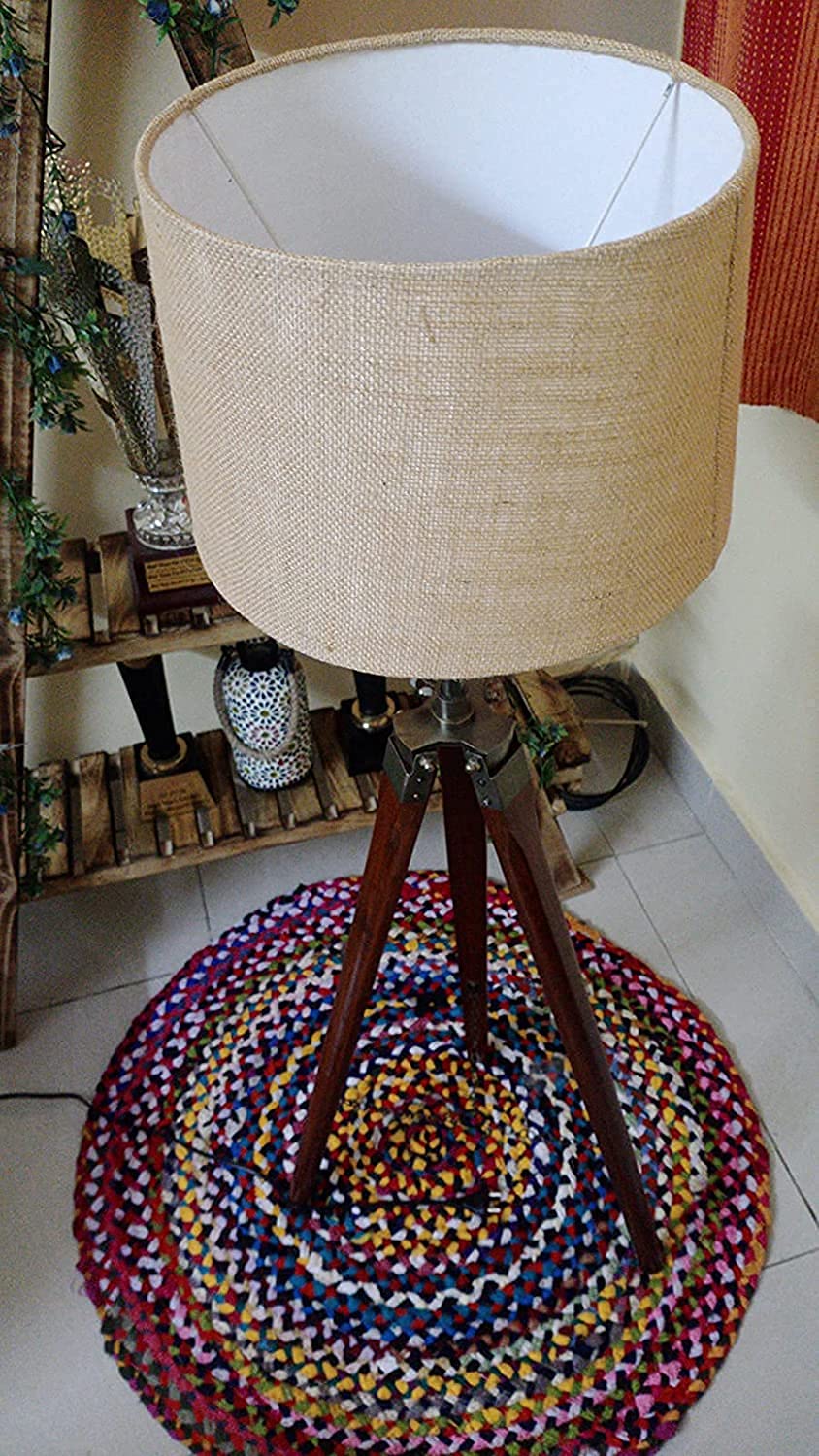 LED Standing Floor Lamp with Jute Drum Shade, Wooden Tripod Base, Modern Design for Living Room & Bedroom