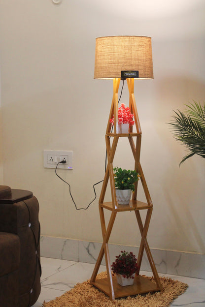 Floor Lamp with Jute Drum Shade 11 x 12 Inch - Wooden Finish - Easy Installation