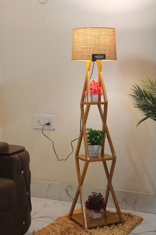 Floor Lamp with Jute Drum Shade 11 x 12 Inch - Wooden Finish - Easy Installation
