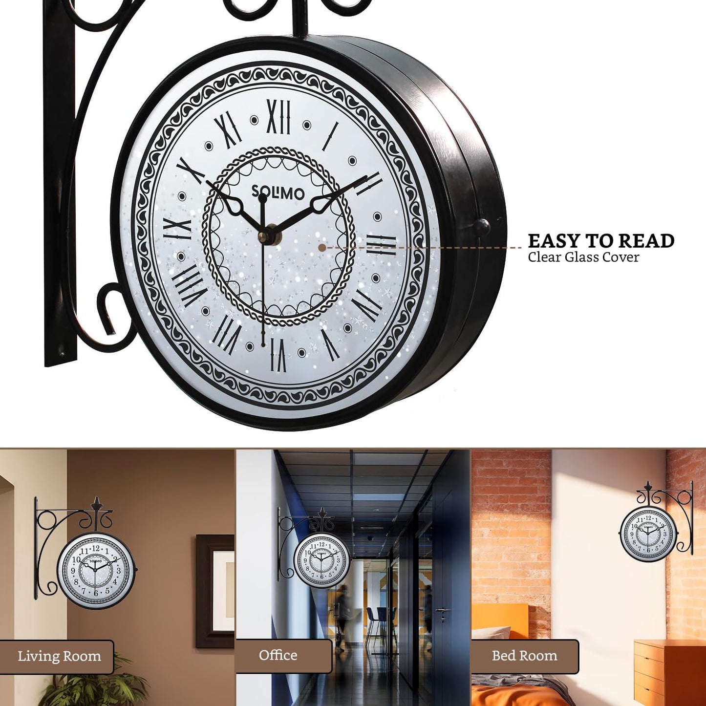 Double Sided Vintage Wall Clock, 8 Inch, Black Metal, Analog, Battery Powered