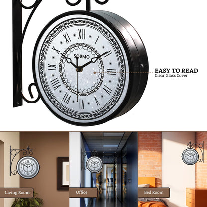 Double Sided Vintage Wall Clock, 8 Inch, Black Metal, Analog, Battery Powered