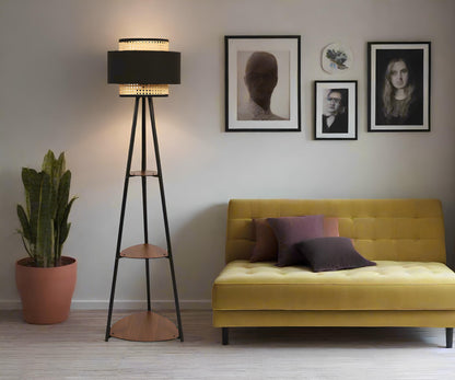 Bamboo Tripod Floor Lamp - Eco-Friendly Rattan Shade - 14x12 inch - Wooden Standing Lamp for Living Room