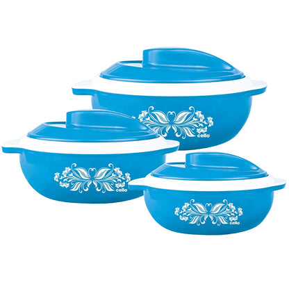 CELLO Hot Serve Insulated Inner Steel Casserole Set of 3, Blue (500ml, 850ml, 1500ml) | Hot Box for Kitchen | Hot Pot
