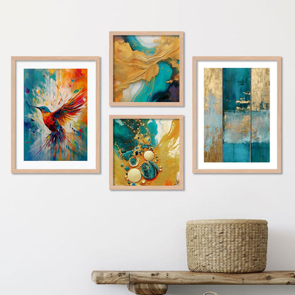 Wall Painting Set of 4 - Rectangular Framed Artwork - 10 inch x 13 inch - Engineered Wood Frame