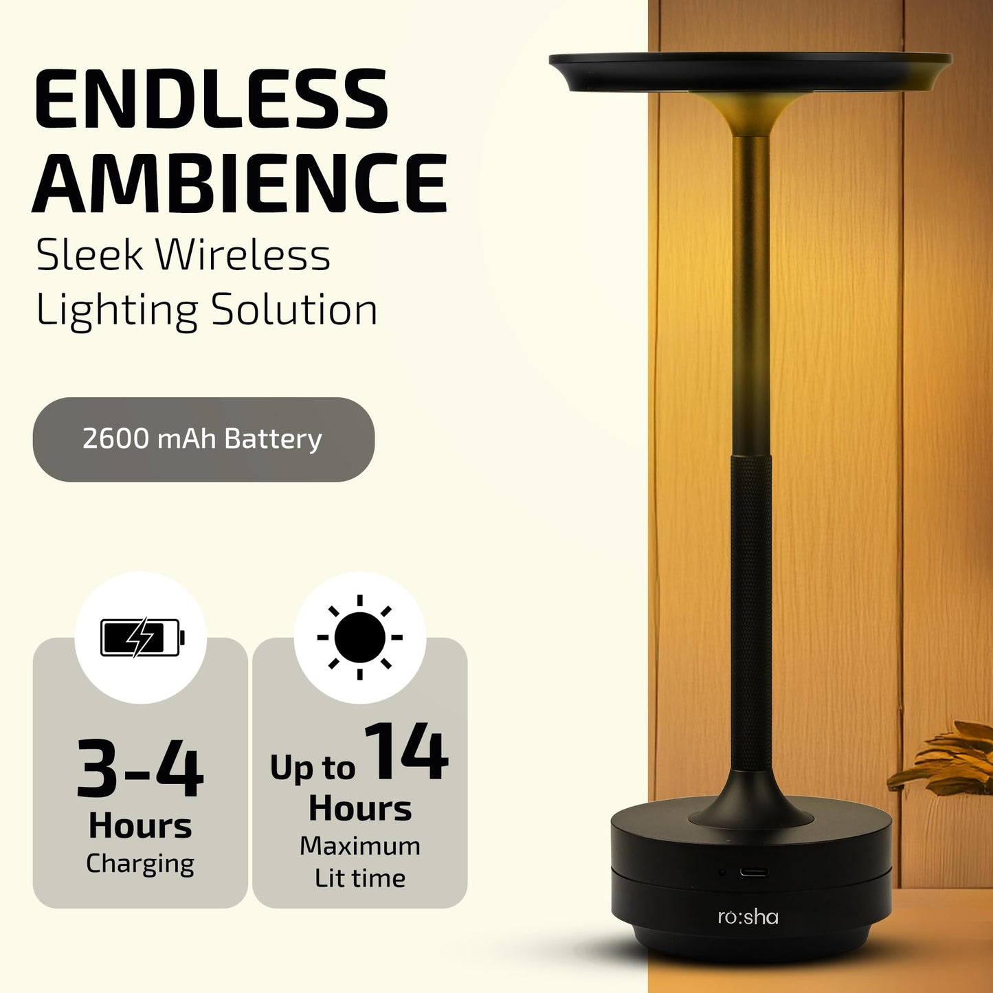 Wireless LED Table Lamp with Black Finish - 6500 mAh Battery - 14 Hours Usage