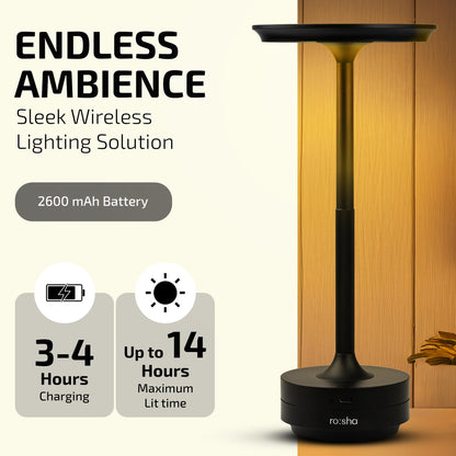 Wireless LED Table Lamp with Black Finish - 6500 mAh Battery - 14 Hours Usage