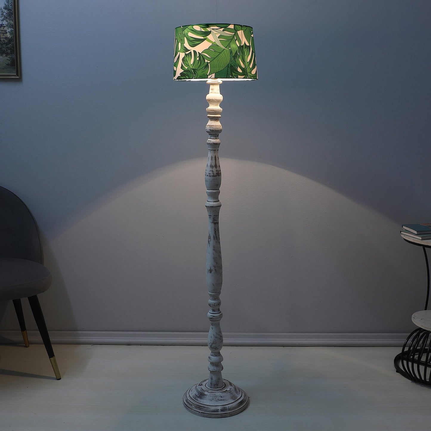 Floor Lamp with Rustic White Mango Wood Base and Palm Print Satin Shade - 54 inches