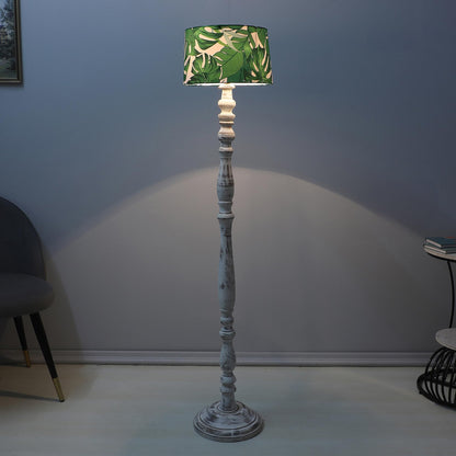 Floor Lamp with Rustic White Mango Wood Base and Palm Print Satin Shade - 54 inches