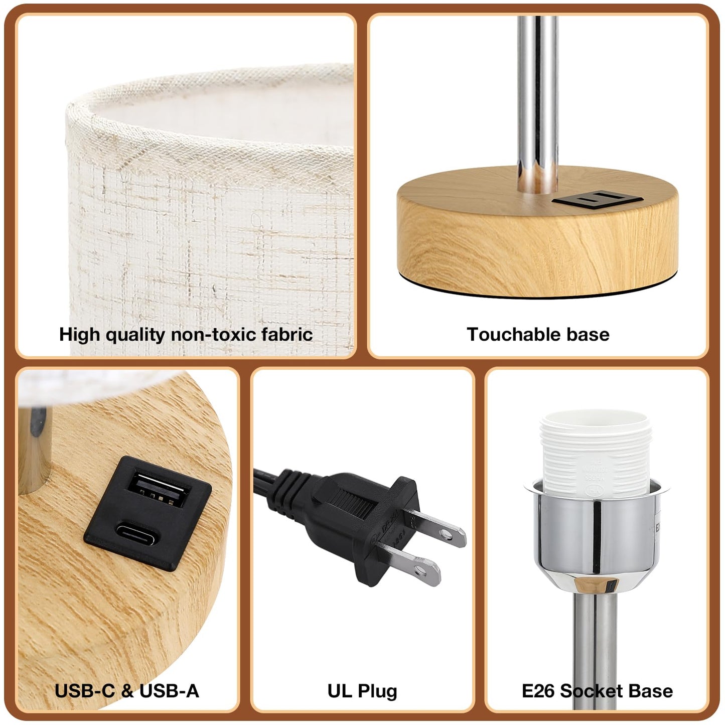 3-Way Dimmable Touch Control Wood Table Lamp with USB Charging Station - 6W LED Bulb Included