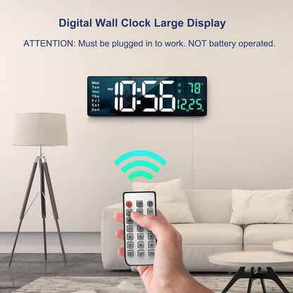 Digital Alarm Wall Clock with Remote Control, 16.2 Inch LED Display, Electric Powered