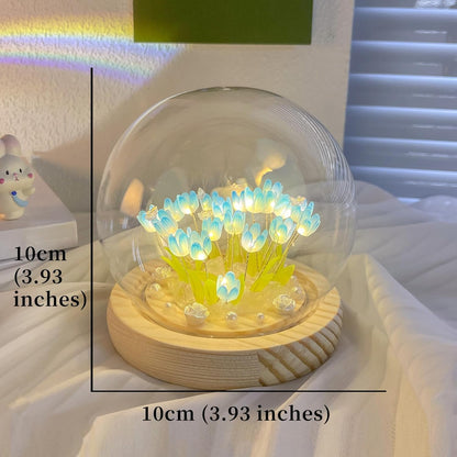 Tulip LED Night Light - Decorative Glass Table Lamp with Artificial Flowers - 8 cm - Blue
