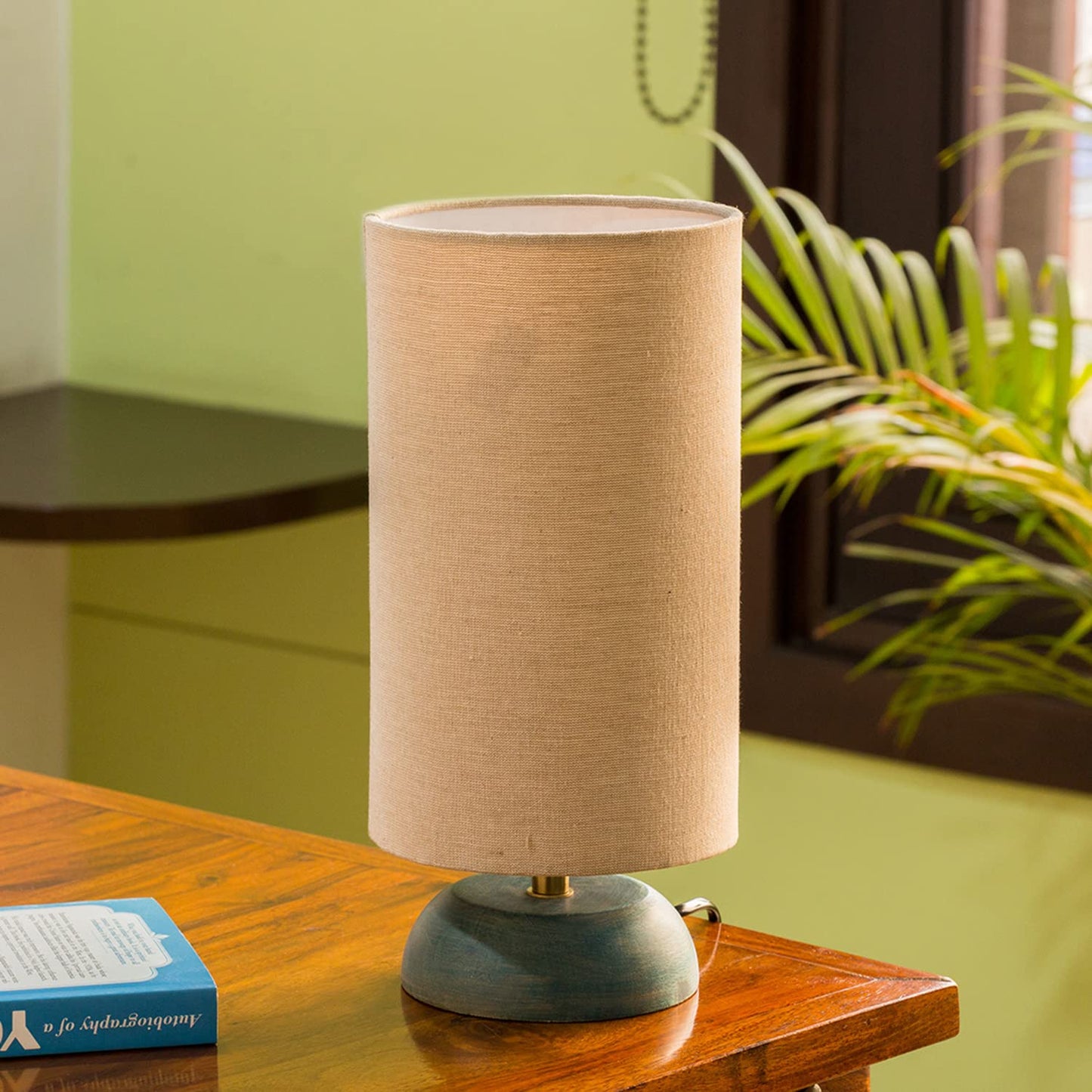 LED Table Lamp Handcrafted in Mango Wood with Antique Finish - 13 Inch - Turquoise