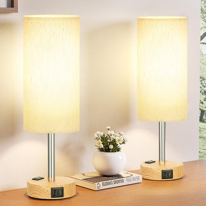 Table Lamp with Touch Control & USB Ports, Wood Base, Flaxen Fabric Shade, LED Bulb Included