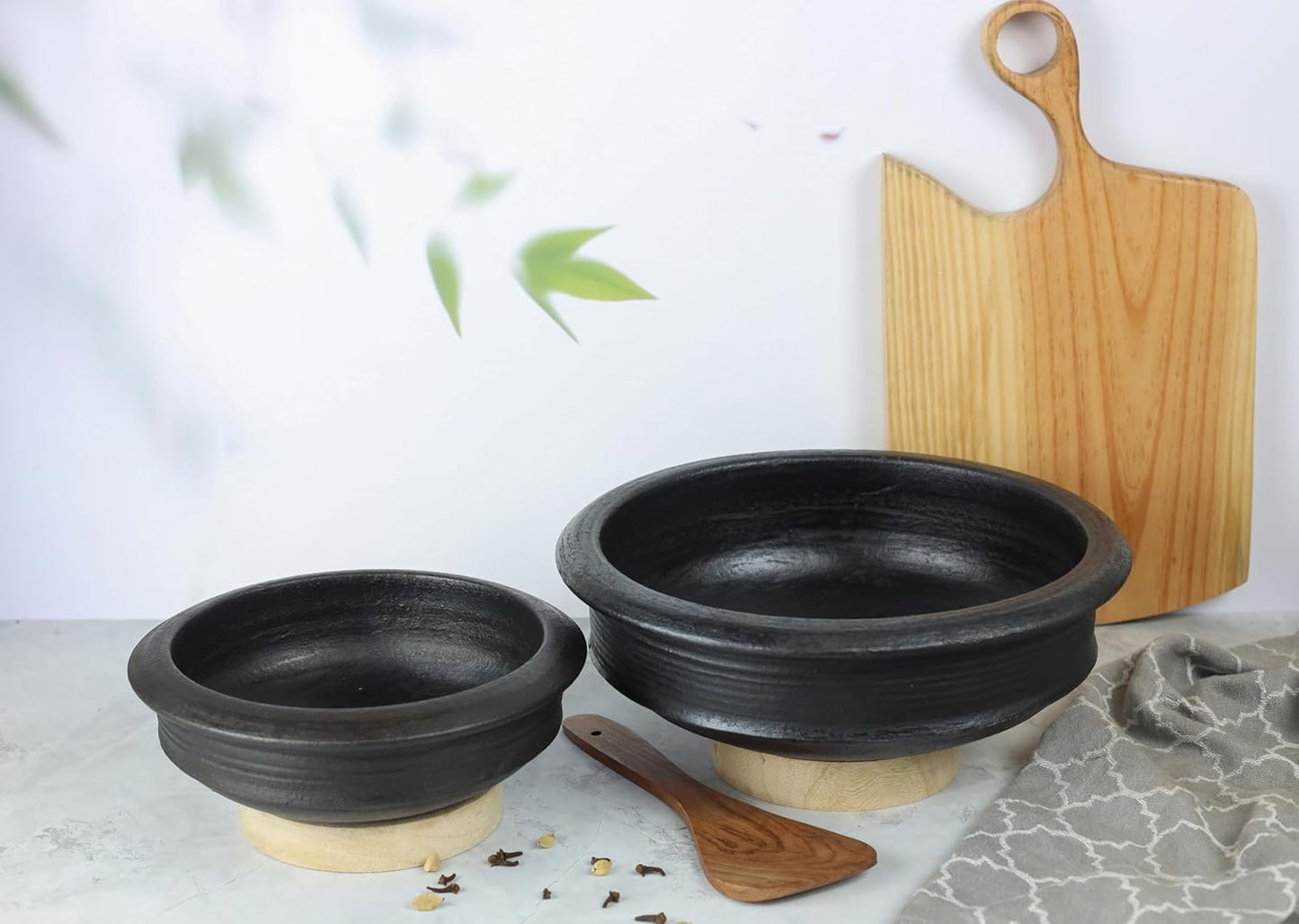 Craftsman India Online Deep Burned Uncoated Clay Pot for Cooking and serving Combo 1 & 2 Liter|Black